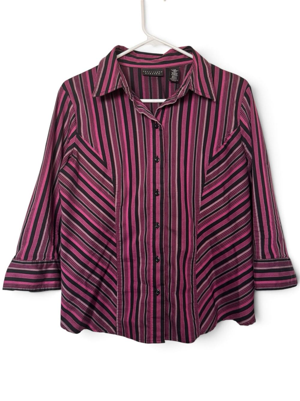 Apostrophe Stretch Womens Large Y2K Purple Black Striped 3/4 Sleeve Blouse